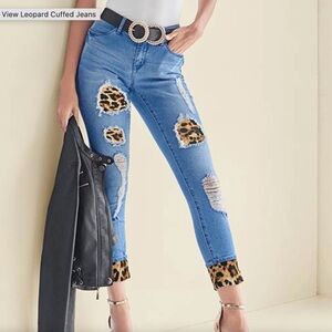 VENUS Blue Leopard Cuffed Boyfriend Jeans